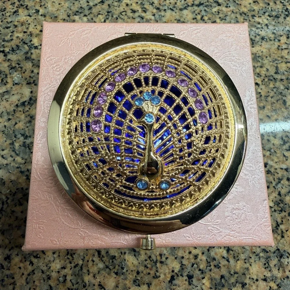 Peacock Rhinestone 3D Jeweled Gold‎ Compact Mirror Dual Sided Round Purse Travel